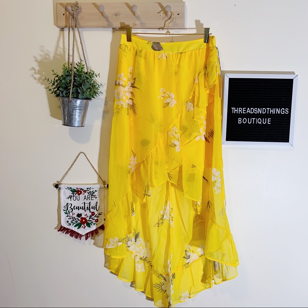 Yellow Floral Wrap Skirt Ruffle Hem - Picture 2 of 7